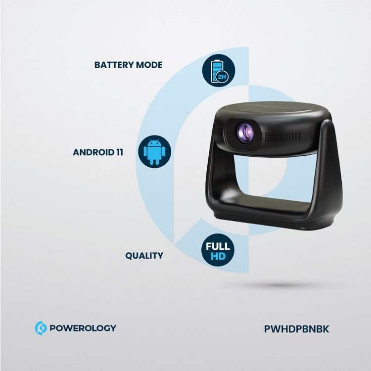 Powerology Rotating Stand Portable Projector, Auto Keystone & Focus, Built-in Lamp, Android 11.0, Bluetooth 5.0, Airplay & Miracast, 5200mAh Battery Capacity, 1GB DDR3 RAM - Black