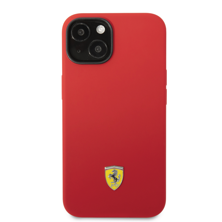 Ferrari Liquid Silicone Case with Black Camera Outline & Metal Logo iPhone 14 Compatibility - Red