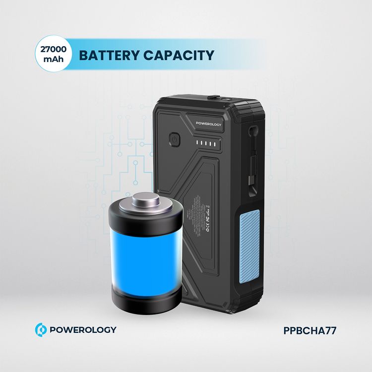 Powerology 27000mAh Solar Wireless Charging Power Bank with Simultaneous Charging, Multi-Mode Flashlight, 0% - 65% Charging in 35 Minutes, 70mm Cable Length - Black