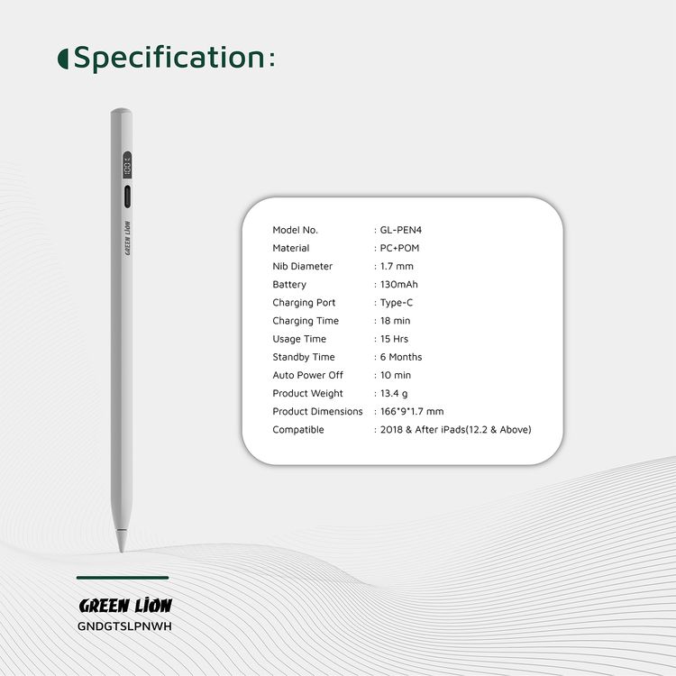 Green Lion Digital Stylus Pencil with Up to 15 Hours Working Time, Removeable & Replaceable Tip, 1.7mm Nib Diameter, OLED Screen Display, Auto-Sleep Mode, Palm Rejection - White