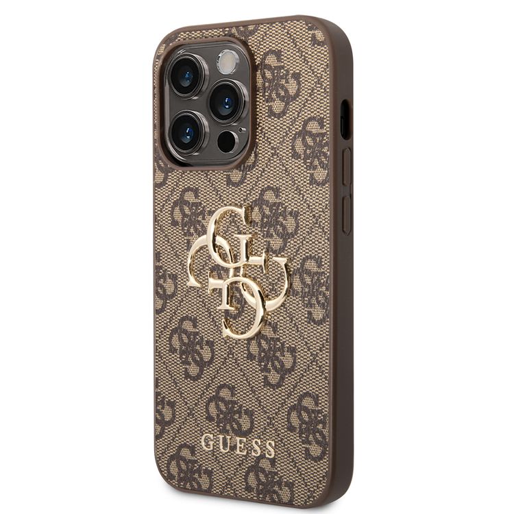 Guess PU Leather 4G Classic and Stylish Case with Big Metal Logo iPhone 14 Pro Compatibility - Brown