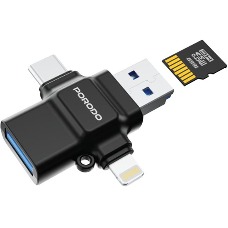 محول بورودو USB 3.0 OTG 4 في 1 مع موصلات Type-C وLightning، وقارئ بطاقات TF، ونقل بيانات سريع، وتوصيل وتشغيل، وتوافق عالمي، وMicro SD، وMicro SDHC، وMicro SDXC، وتوافق مع بطاقات TF - أسود