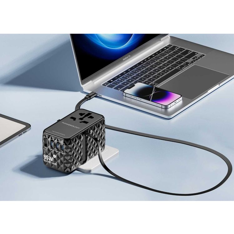 Powerology Universal 85W Super Charger with Retractable Type-C Cable, 70W Power Delivery, GaN Technology, Simultaneous Charging, Spare Fuse Included - Black