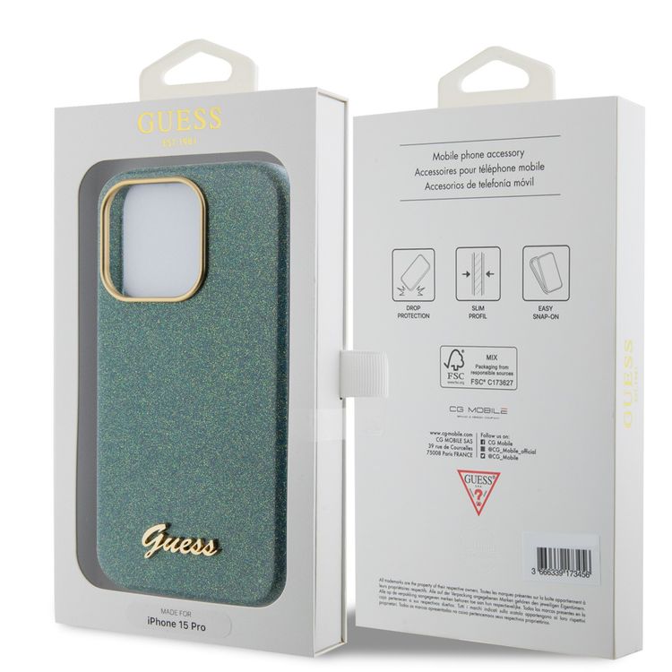 حافظة Guess PU لامعة مع شعار Guess Script - أقدام - iPhone 15 Pro