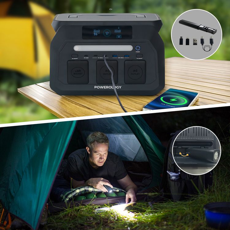Powerology 800W Portable Power Station with Flashlight, PD 100W, Carryin-Handle, Solar Charger, 1.2 Hours Fast Charging Time, ×3 USB-C, ×2 USB-A, Car Port, ×2 AC Outlet & DC Ports, Easy-Access Storage, Smart LCD Screen - Black