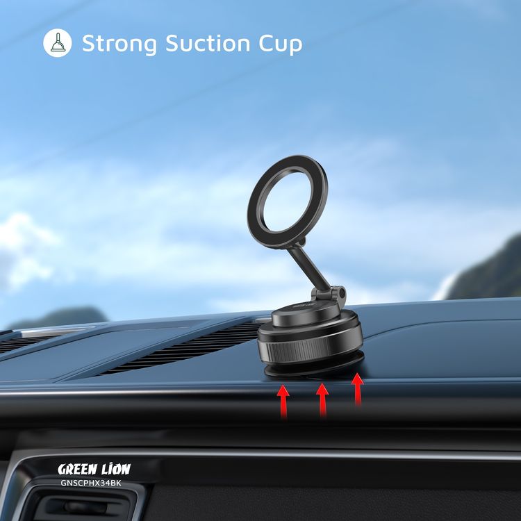 Green Lion GX-34 Suction Phone Holder with MagSafe Compatibility, 1.5kg Adsorption Force, N52 Magnets, 360° Rotation, Adjustable Mount, 16-65 kPa Pressure - Black