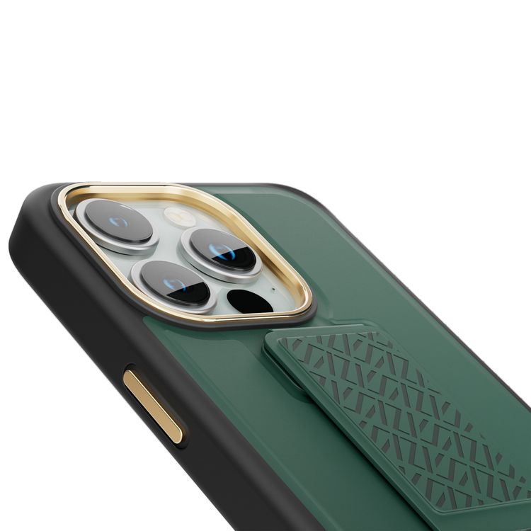 Levelo Morphix Cuero Gripstand Case for iPhone 15 Pro, Multi-Positioning Modes, PU Leather Material, Shock-Proof Edges - Green