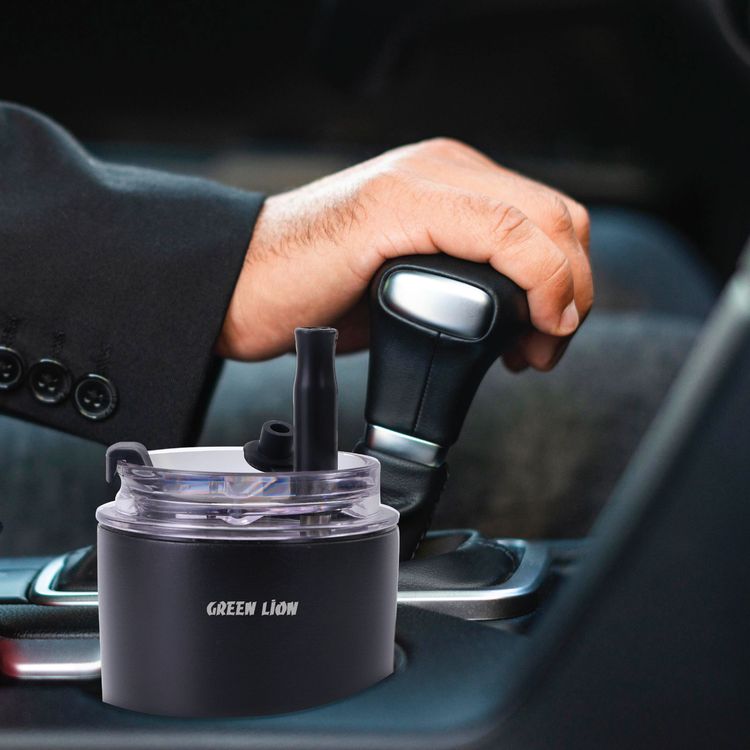 Green Lion Vacuum Travel Mug Lite, 280 mL Capacity, Keeping Hot for 6 Hours and Cold for 12 Hours, Food Grade Silicone Straw, Food Grade Stainless Steel Cup - Black