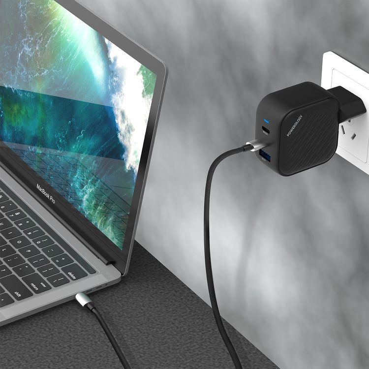 Powerology GaN Ultimate EU Dual PD Charger with 65W Power Delivery, 0%-60% Charge in 35 Minutes, 36W USB-A Output, Simultaneous Charging, Built-in Safeguards - Black