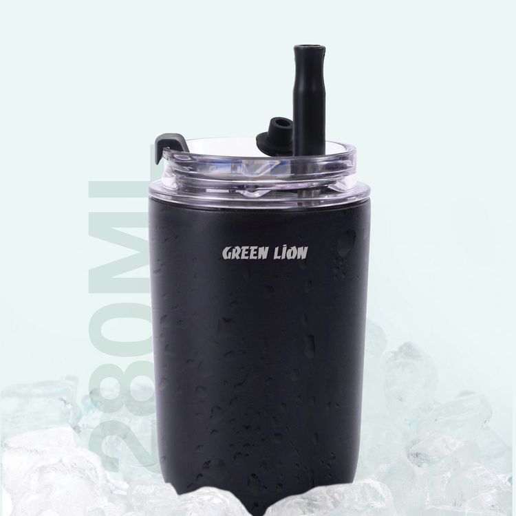 Green Lion Vacuum Travel Mug Lite, 280 mL Capacity, Keeping Hot for 6 Hours and Cold for 12 Hours, Food Grade Silicone Straw, Food Grade Stainless Steel Cup - Black