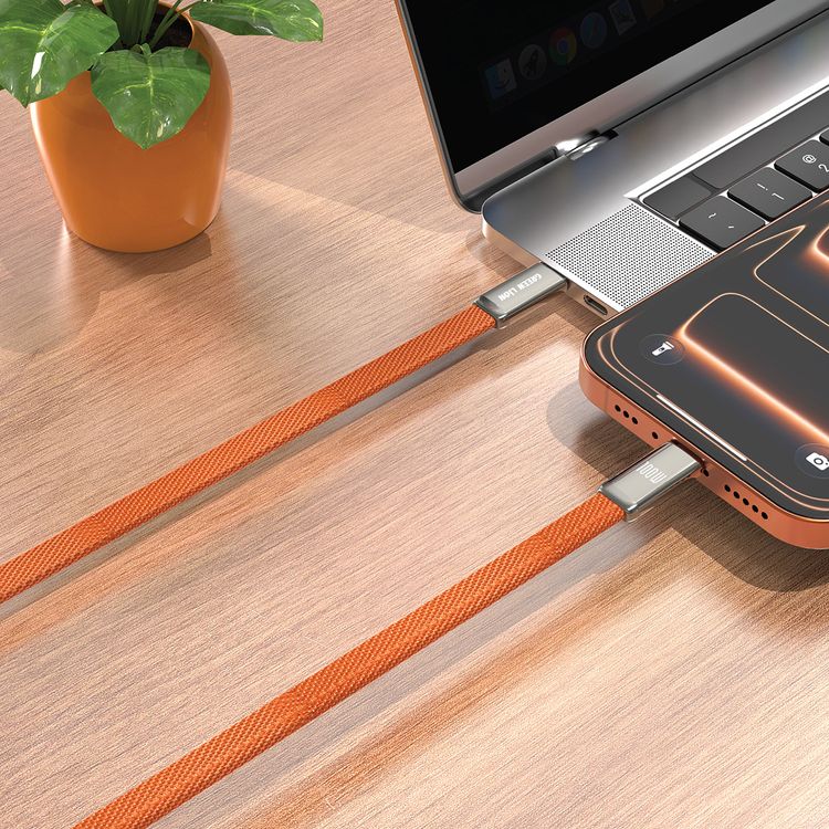 Green Lion Ultra-Thin Braided USB-C to USB-C Cable with 10000 Bends Life Span, Compatible with Laptop, 1m Cable length, Zinc Alloy Shell Connector, Flat-Braided Cable, Charge & Sync, 480Mbps Data Transfer Speed, 100W 20V/5A Cable Current, E-Marker Smart Chip - Orange