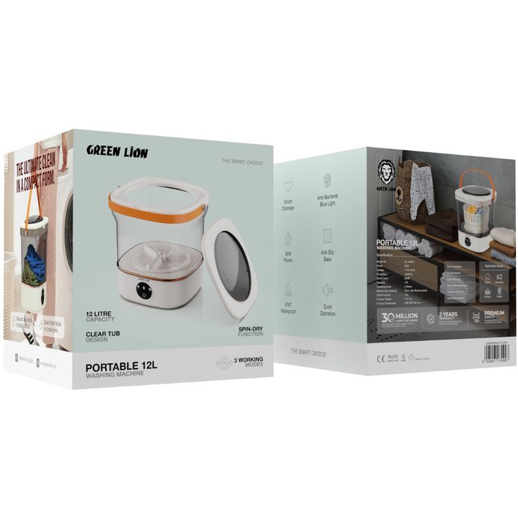 Green Lion Portable 12L Washing Machine, 3 Cleaning Cycles, Detachable Basket, Anti-Slip Base, Hand-Wash Simulation, UV Sterilization, Spin-Dry Function, Blue Light Bactericidal Cleaning - White