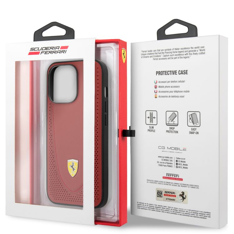 CG MOBILE Ferrari Genuine Leather Hard Case with Curved Line Stitched & Perforated Leather Compatible for iPhone 13 Pro (6.1") Shock & Scratches Resistant