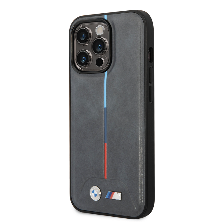 BMW M Collection Quilted PU Case with Hot Stamped Tricolor Stripe and Printed Logo iPhone 14 Pro Max Compatibility - Grey