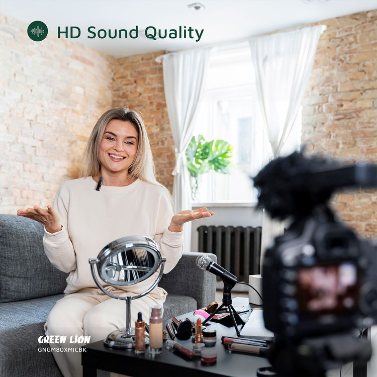 ميكروفون Green Lion GM-80X مع ميزة إلغاء الضوضاء بثلاث مستويات، وقت عمل يصل إلى 5 ساعات، زمن استجابة أقل من 30 ميلي ثانية، ميكروفونات مزدوجة، موصلات Type-C و AUX و Lightning - لون أسود
