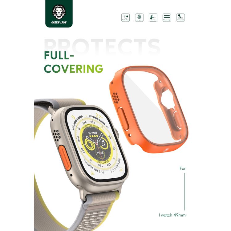 Green Lion Protective Case for Apple Watch Ultra with Smooth Touch, Super Anti-scratch, Full Protection, High Transparency, Full Glass Screen - Orange