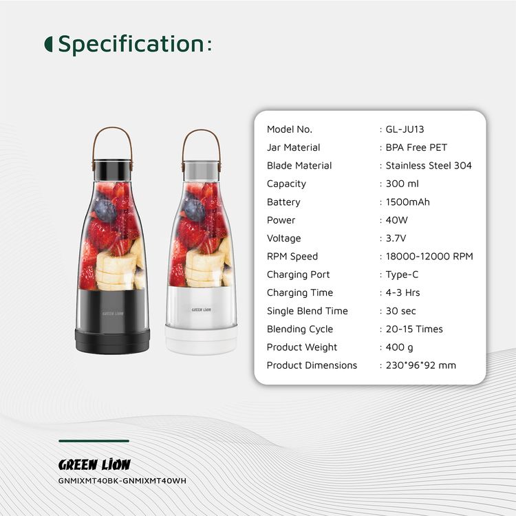 Green Lion Mix Mate Portable Juicer with 300mL Capacity, 1500mAh Battery Capacity, BPA Free PET Jar Material, Stainless Steel Blade Material, Type-C Charging Port, 3-4 Hours Charging Time - Black