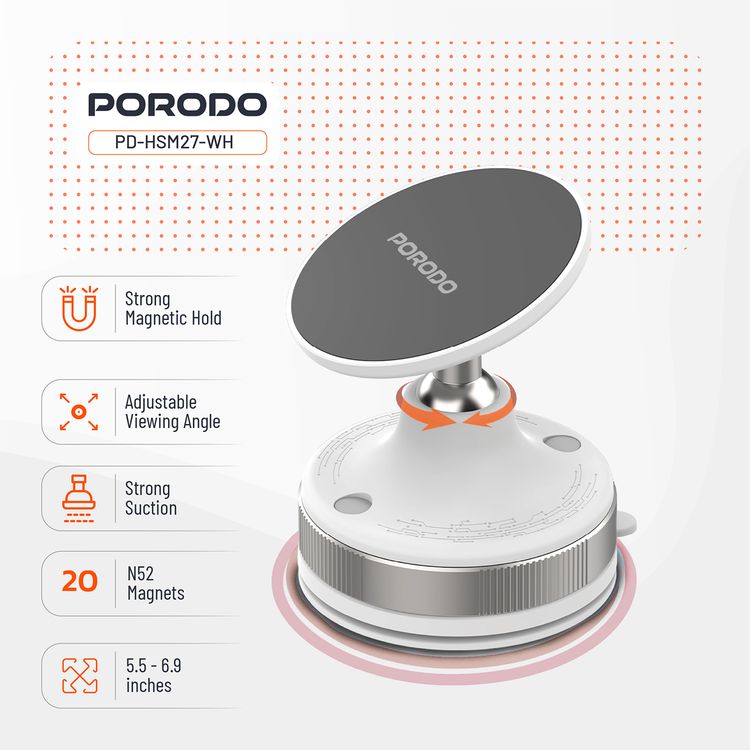 Porodo Vacuseal Smart Suction Magnetic Phone Mount with Adjustable Viewing Angle, N52 Magnets, 5.5" to 6.9" Device Compatibility, Strong Suction - White
