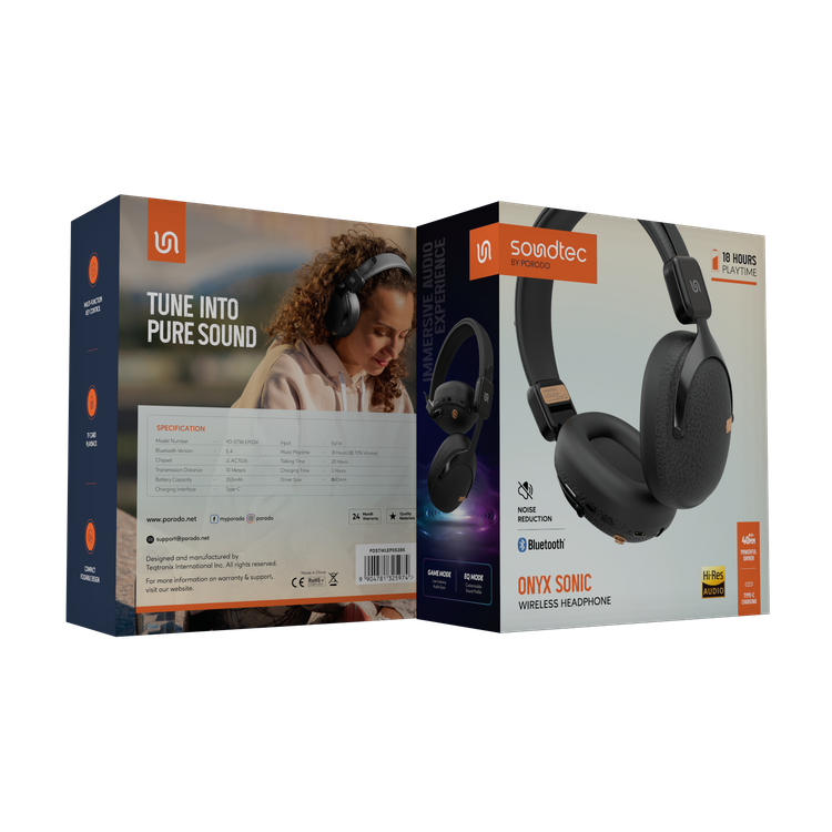 Porodo Soundtec Onyx Sonic Wireless Headphones with Noise Reduction, Bluetooth Version 5.4, Type-C Charging Port, 2 Hours Charging Time, 18 Hours Play Time, 10m Transmission Distance, Game Mode, EQ Mode, TF Card Play Back, Compact & Foldable Design, Multiple Function Key Control - Black
