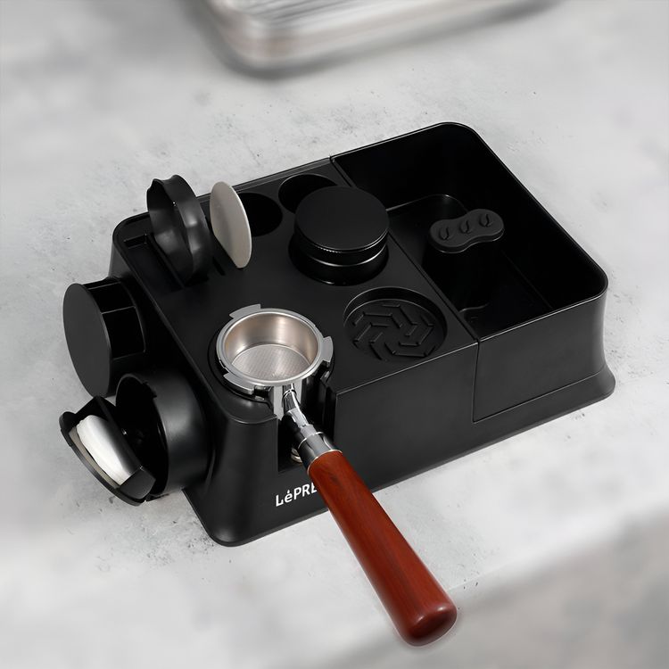 LePresso Tamping Station for 51/58 Portafilter Baskets, ABS Plastic & Silicone Material, Multi-Slot Base, Durable & Compact Design - Black