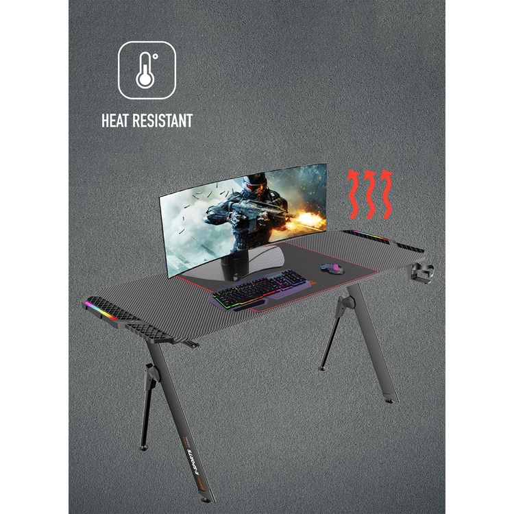 Porodo Gaming E-Sports Gaming Desk with Rubber Mousepad, Built-in Headphone Mount, Cup Holder & Cable Management Box, RGB Lighting Panel, Large Surface - Black