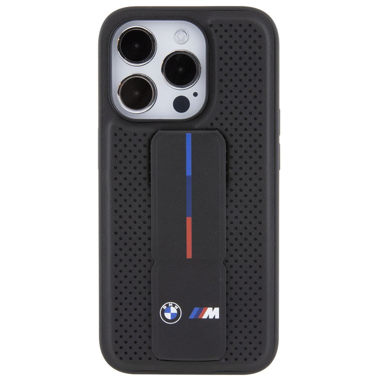BMW M Grip Stand PU Smooth Leather Case with Perforated Pattern for iPhone 15 Pro Max