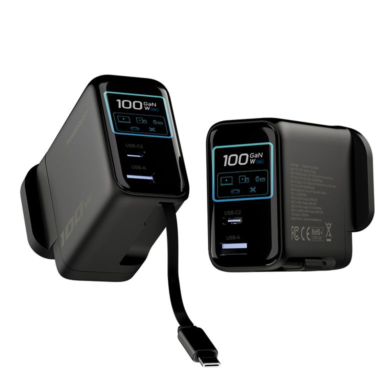 Powerology 100W TFT Adapter with Retractable Type-C Cable, GaN Technology, Ultra-Fast Charging, Multi-Device Charging, Built-in Safeguards, AI Temperature Protection, High Performance, Medium Load, Eco-Cool,  70cm Cable Length, 50/60 Hz Rated Frequency - Black