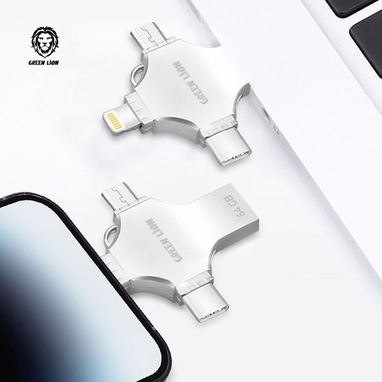 Green Lion 4-in-1 USB Flash Drive 128GB with High Speed Data Transfer, USB-A, USB-C, Micro USB & Lightning Connectors - Silver