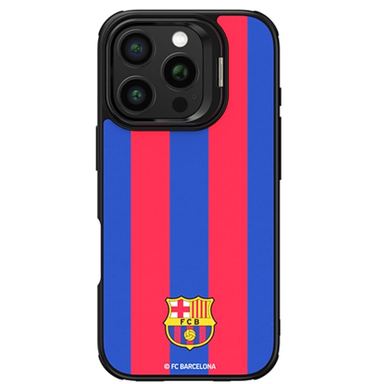 FC Barcelona Magnetic Case for iPhone 15 Pro, Premium Synthetic Leather, MagSafe Compatible, Built-in Ring Kickstand, Strong Neodymium Magnets, Shock Absorption - Blue & Garnet Stripes