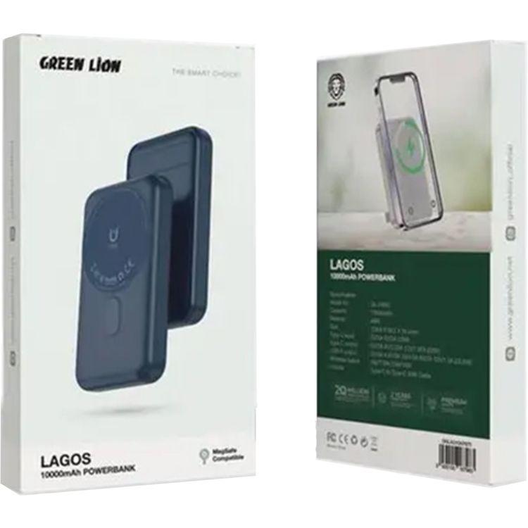 Green Lion Lagos 10000mAh Power Bank with PD 20W, MagSafe Compatible, Strong Adsorption, Built in Stand, Compact & Portable - Blue