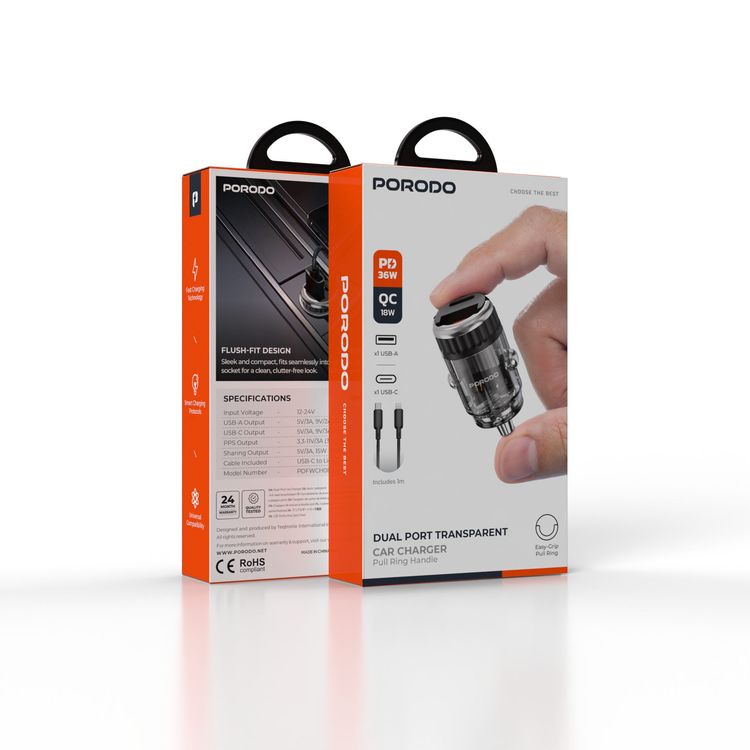 Porodo Dual Port Transparent Car Charger with USB-C to Lightning Cable, PD 36W, QC 18W, USB-A & USB-C Ports, Pull Ring Handle, Fast Charging Technology, Smart Charging Protocols, Universal Compatibility - Black