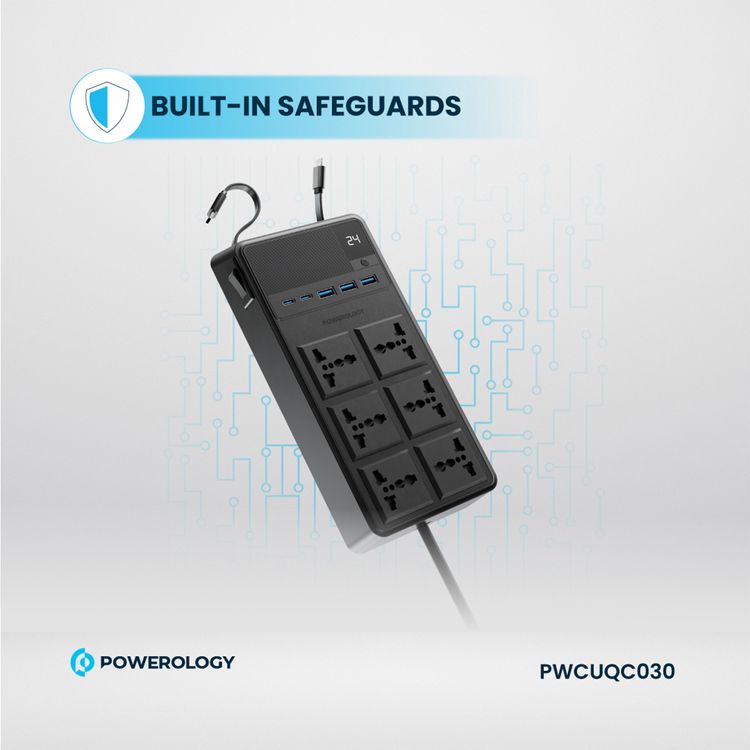 Powerology 2500W Power Strip with 6 AC Sockets & Built-in Retractable Cables, 5 USB Ports, USB-C & Lightning Outputs, Built-in Safeguards, Fire-Proof Material, 24H Timer, Simultaneous Charging, 70cm Cables Length & 3m Power Cord Length - Black