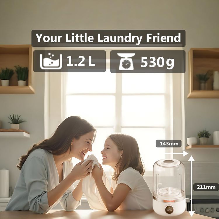 Porodo Lifestyle Cordless Mini Washing Machine for Delicate & Baby Clothes, Dual Washing Modes, LED Digital Display, 1.2L Cup Capacity, 10W Rated Power, 4000mAh Battery Capacity, Type-C Charging Port - White