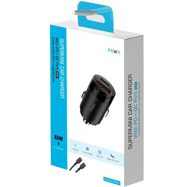شاحن سيارة Pawa Supermini ثنائي المنفذ بقوة 65 وات مع كابل مضفر من Type-c إلى Lightning - أسود