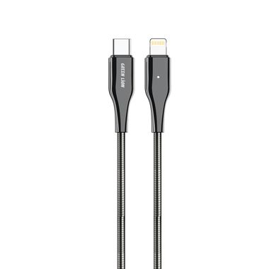 Green Lion Metal Spring Hose Cable USB-C To Lightning with 30W Power Delivery, 1m Cable Lenght, Metal Hose + Zinc Material - Silver