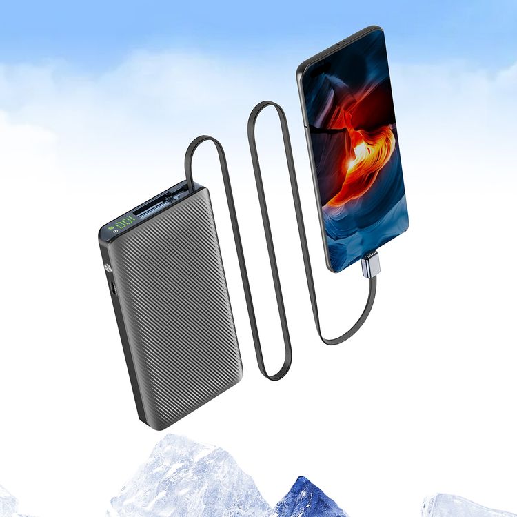 Powerology 10000mAh Retractable Cable Power Bank with LED Display, Lightweight & Portable Design, Fast-Charging, USB-C Input & Output, 2-Device Charging, Patented Design, 22W Power Delivery - Black