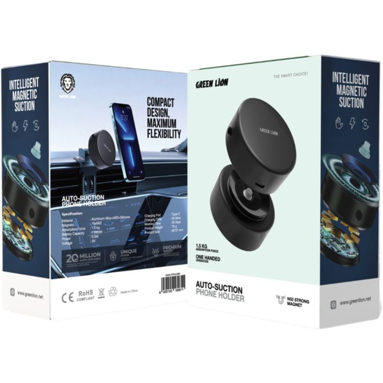 Green Lion Auto-Suction Phone Holder, Aluminum Alloy + ABS + Silicone Material,30 Days Working Time,110mAh Battery Capacity, Multi Scene Switching, Automatic Vacuum Suction - Black