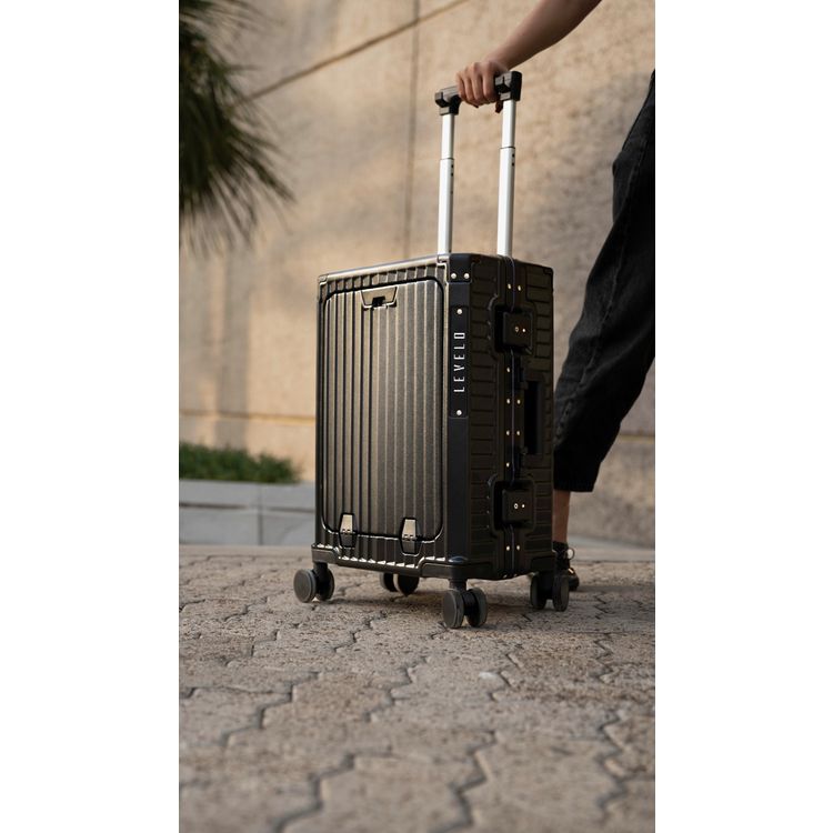 Levelo RoamRollers Travel Luggage with an Aluminum Body, USB-A & USB-C Output, Metal Corner Protection, Front Pocket Compatible with Up to 15.6" Laptop, Phone Holder and Cup Holder, Silent Spinner Wheels - Black 