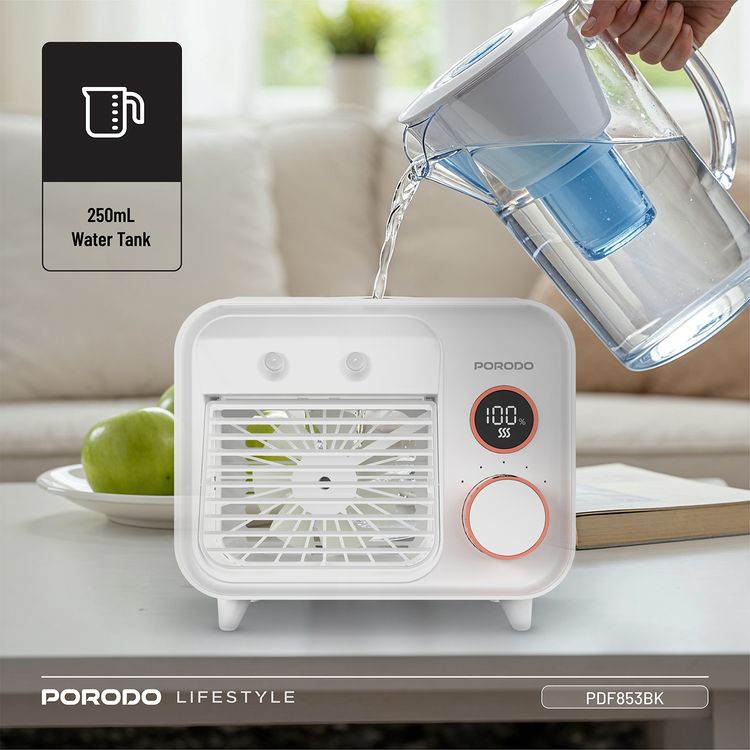 Porodo Mini Mist Fan Desktop Air Cooler with LED Display & Knob Control, 250mL Tank Capacity, 2000mAh Battery, 7.4W Rated Power, Up to 7 Hours Working Time, USB-C Charging Port, 5 Speed levels, Instant Cooling Mist - White