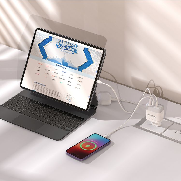 Powerology Lunex Series 3-Port Fast Charging Adapter with EU 2-Pin Power Plug, 65W PD USB-C Output, 22.5W QC USB-A Output, Multi-Device Charging, Powerful Laptop Charging, Universal Protocol Support - White