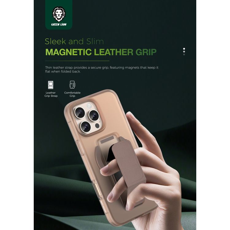 Green Lion Grip 360 MagSafe Case for iPhone 16 Pro with Leather Grip Strap, Camera Protection, Multi Functional Design, Scratch Resistant, Foldable Stand - Desert Titanium