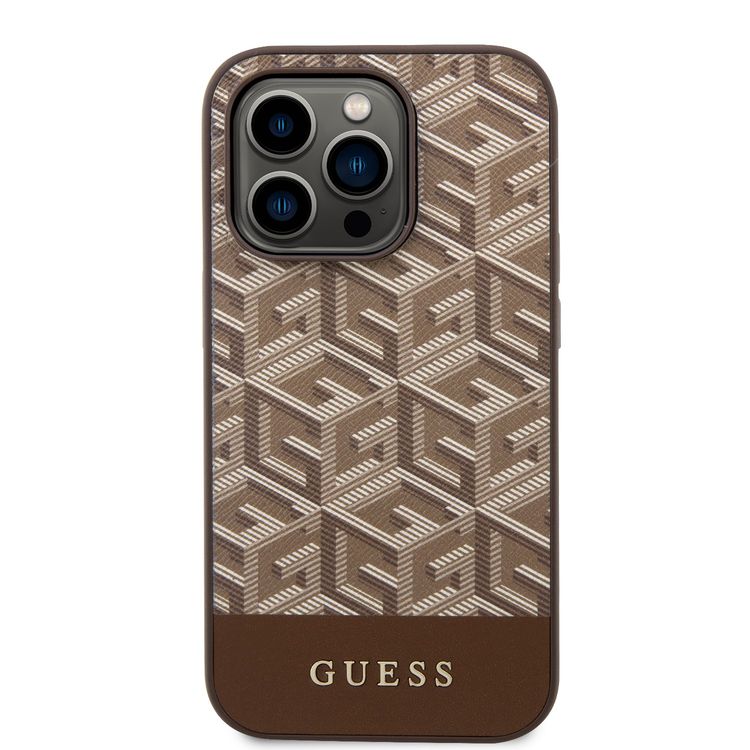 Guess Magsafe Leather Case with Gcube Stripe Pattern - Brown - iPhone 15 Pro