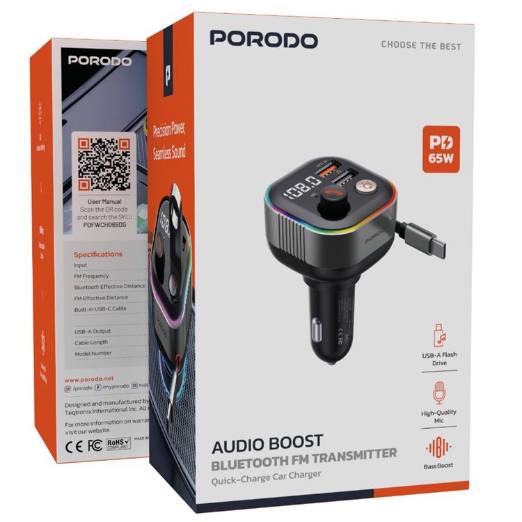 Porodo Audio Boost Bluetooth FM Transmitter Quick-Charge Car Charger with 65W PD, USB-A & USB-C Outputs, USB Flash, 80cm Retractable Type-C Cable, 87.5-107.8 FM Frequency, LED Ambient Lighting, Universal Compatibility - Dark Gray