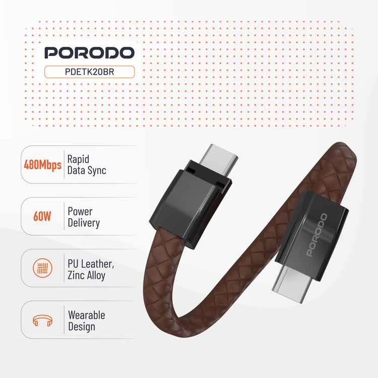 Porodo USB-C to USB-C Wristband Cable with Magnetic Steel Clasp, 60W Power Delivery, 480Mbps Data Transfer Speed, Wearable Design, 20cm Cable Length, PU Leather & Zinc Alloy Material - Brown