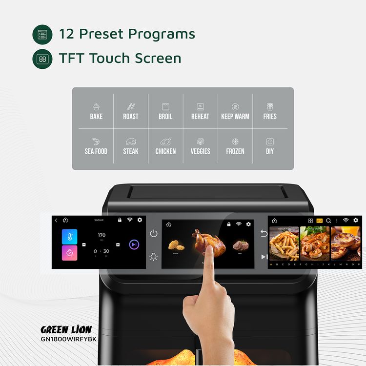 Green Lion Smart Air Fryer with 6.5L Capacity, Timer Function, TFT Touch Screen, Wi-Fi Connectivity, Installed Recipes, Rapid Air Circulation, Non-Stick Coating, Oil-Free Cooking