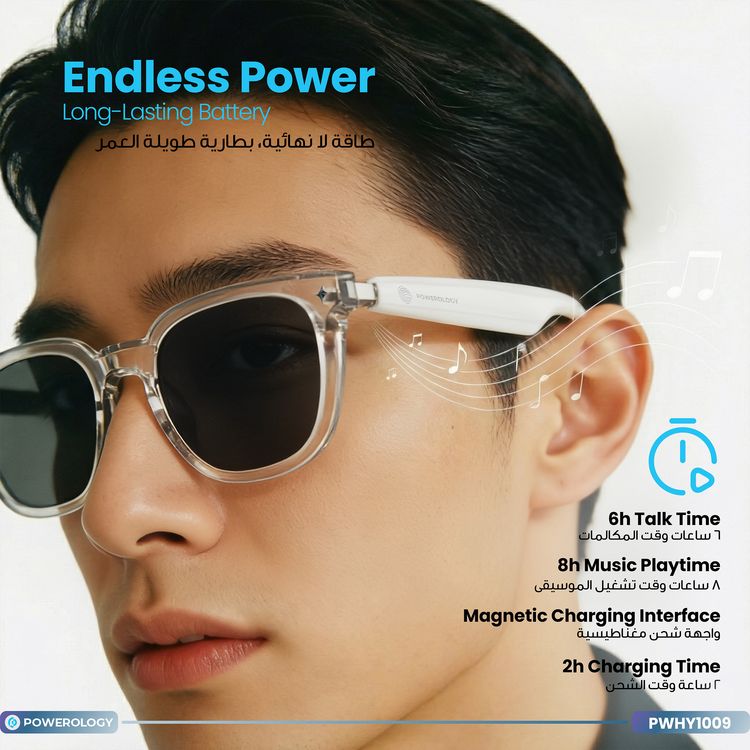 Powerology Smart Audio Sunglasses with UV Protection, Smart Touch Control, 6 Hours Talk Time, 8 Hours Play Time, Magnetic Charging, 2 x 90mAh Battery Capacity, Bluetooth Version 5.4, 15m Transmission Distance, Smart Sleep Mode, Auto-Pairing, Low Latency - Transparent