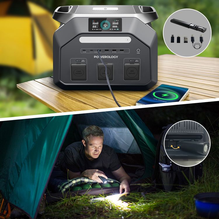 Powerology 1800W Portable Power Station with Flashlight, PD 100W, Carry-Handle, Solar Charger, 1.2 Hours Fast Charging Time, ×3 USB-C, ×3 USB-A, Car Socket, ×2 AC Outlet & DC Ports, Easy-Access Storage, Smart LCD Screen - Black