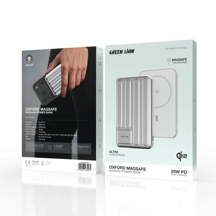Green Lion Oxford MagSafe 5000mAh Power Bank with Ultra Slim and Compact Design, 15W Wireless Charging, 22.5W SCP, Flight Approved, PD 20W Fast Charge, ABS + PC Material - Silver