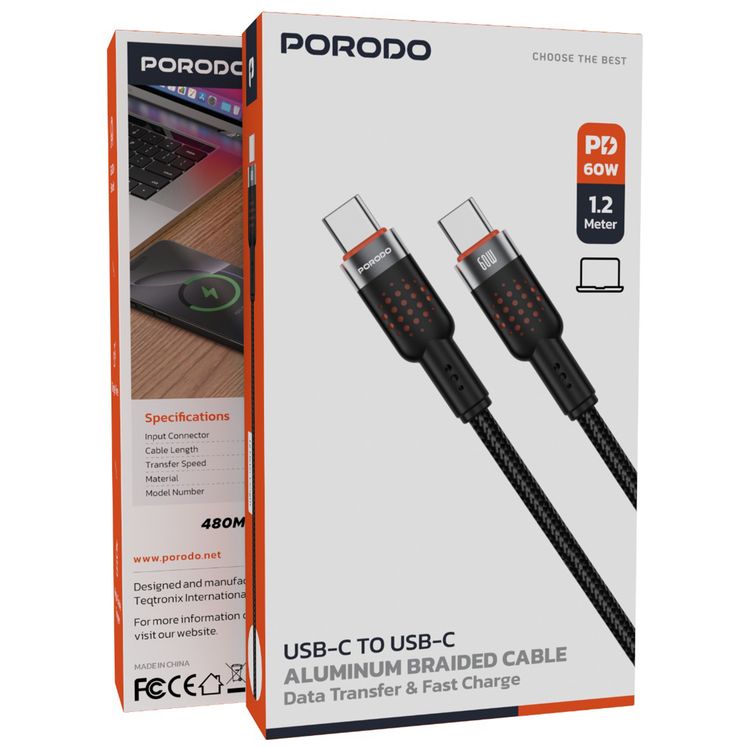 كابل مضفر من سبائك الألومنيوم من بورودو من النوع C إلى C بطول 1.2 متر، PD 60 وات، سرعة نقل 480 ميجابت في الثانية، عمر افتراضي يزيد عن 15000 ثنية، خالٍ من التشابك - أسود