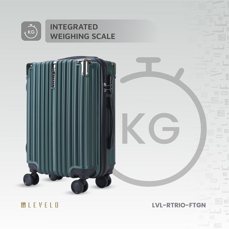 Levelo 3-Set ABS Luggage with Built-in Weighing Scale, Combination Lock, Iron Trolley, Double Wheels, Impact-Resistant Corners & Shock-Resistant, PP & Soft Rubber Handle - Forest Green